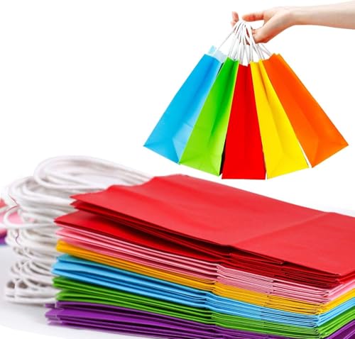 Image of RanGit Bhumi Gift Bags- 10 pcs Rainbow Colored Paper Bags with Handles, Durable Small Return Gifts Paper Carry Bag- Party Favor Goodie Bag for Birthday, Wedding, Festivals, Treats (X-Small-Multicolor, Pack of 10)