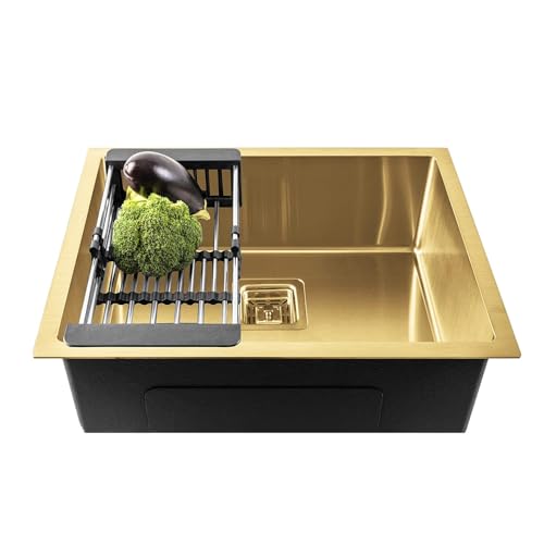 Image of Fossa 24x18x10 Inch ๐-๐๐๐๐ ๐๐๐๐๐๐๐๐ Single Bowl Handmade Kitchen Sink | Premium Stainless Steel | Under /Top Mount Sink with Drain & Sound Pads | Home Modular Sink Gold (Matte Finish)