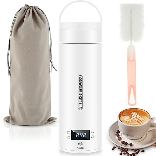 Travel Electric Tea Kettle, Portable Hot Water Boiler, 500ml Coffee Electric Kettle with 4 Temperature Control, 304 Stainless Steel with Auto Shut-Off & Boil Dry Protection, BPA-Free (White)
