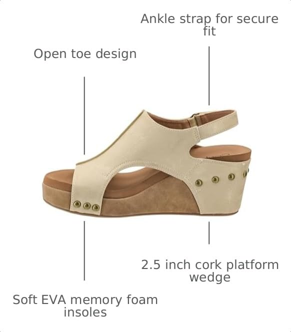 Image of Corkys Footwear Womens Carley Wedges, Featuring Corkys EVA Foam Cushioned Insoles, A 2.5 Inch Heel, Lightweight For All Day Wear, And Hook And Loop Closure