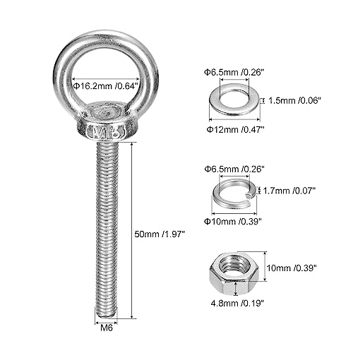 Image of uxcell Lifting Eye Bolt, 2 Sets M6x50mm Eye Bolt with Nut Washer 304 Stainless Steel Shoulder Lifting Ring Eye Bolt for Hanging Item