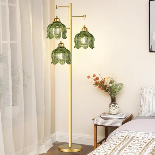 Image of QIYIZM Gold Floor Lamp for Living Room,Bedroom,Mid Century Modern Standing Lamp Brass Tree 3 Light Tall Floor Lamps Vintage Retro Floor Lights Glass Green Flower Lamp Shade Farmhouse Boho Bohemian