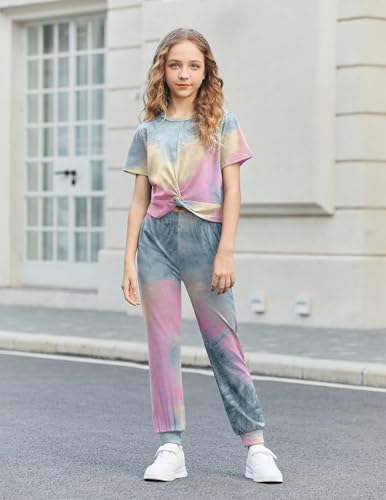 Image of Flypigs Girls Clothing Sets Tie Dye 2 Piece Outfits Short Sleeve Twist Front Tops and Sweatpants Sportswear Tracksuits