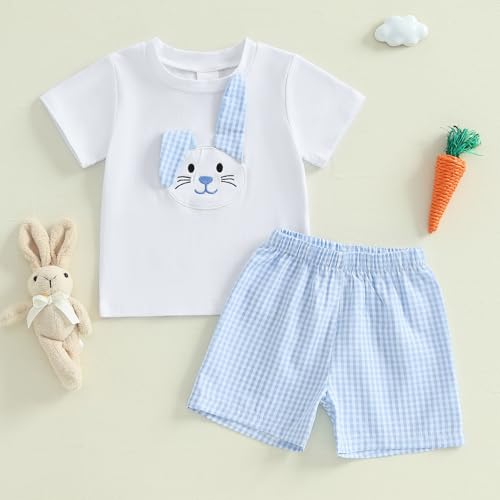 Image of Toddler Baby Boy Easter Rabbit Outfit Short Sleeve Bunny Carrot Smocked T-shirt Elastic Waist Shorts Summer Clothes