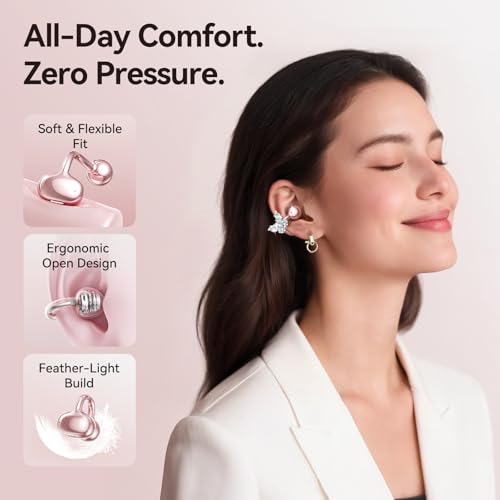 Image of Kinglucky Gen2 Clip-On Open Ear Earbuds with Detachable Sparkle Butterfly Earrings, Bluetooth Wireless Headphones for Women, 50H Playtime, Comfortable Fit for Small Ears, Easy Storage Case,Transparent