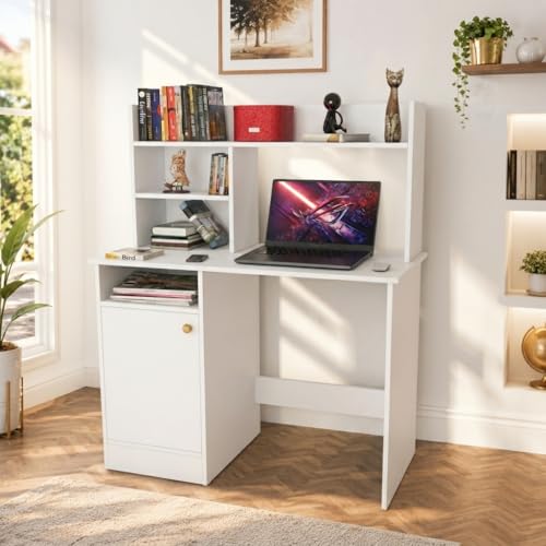 Image of SPYDER CRAFT Modern Indus Engineered Wood Study Table with Storage Shelf | Clean Minimalist Computer Desk for Home, Office, & Bedroom | Durable & Easy to Clean - (White) (Assembly DIY)