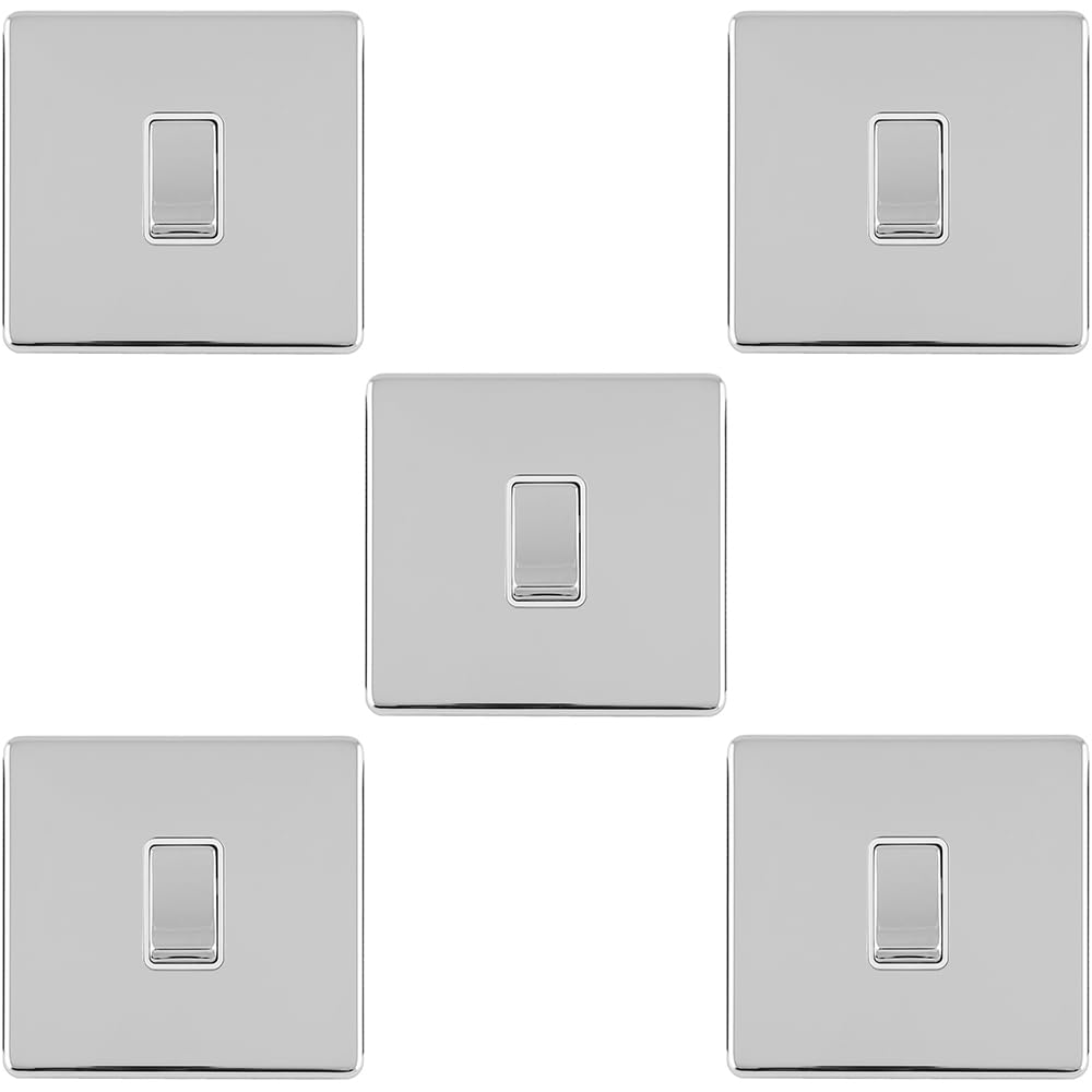 1-Gang-Lichtschalter, schraubenlos, poliertes Chrom, 2-Wege, 10 A, Wippschalter, dekorative Küche, Wohnzimmer, Schlafzimmer, 5 Stück