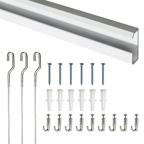 Image of PHS Picture Rail Hanging System 79 Inches- Art Gallery Wall Kit with Aluminum Track, Steel Cables & Adjustable Hooks| Professional Picture Hanging Rail for Art Frames & Paintings up to 154 lbs -1 Pack