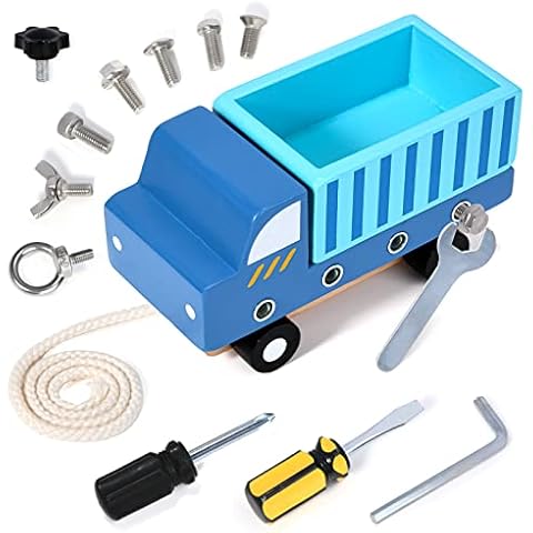 Atoylink Wooden Toys Tool Kit Kids Tool Set Montessori Wooden Pull Car with Screws Screwdrivers Wrench Woodworking Tools Pretend Play Tools Educational Gifts for 3 4 5 6 Years Old Boys Girls Cover