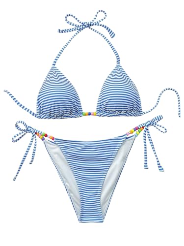 OYOANGLE Women's Striped Triangle Bikini Set 2 Piece Beaded Halter String Swimsuits Tie Side Swimwear