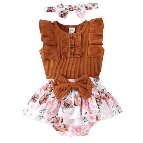 Image of GDTOGRT Baby Girl Clothes Newborn Infant Summer Outfits Ruffle Romper and Shorts with Headband Sets for 0-3-6-9-12-18 Months