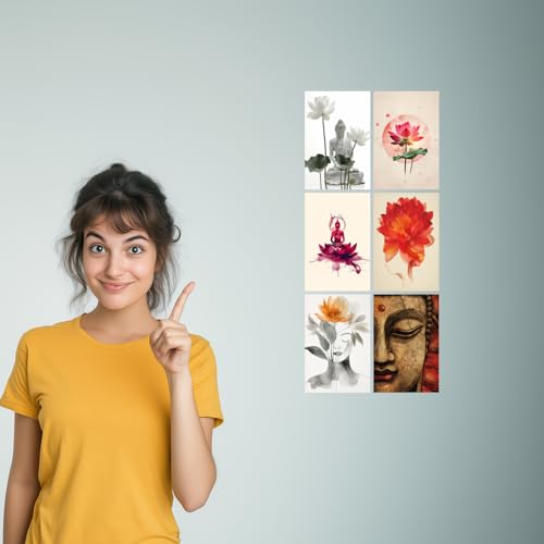 Image of SiddArtify Serene Buddha - Lotus Flower Art Print Set - Set of 2-4x6 Inch - Board (Pack of 6) - Sticker (Pack of 6) Wall Room Decoration art Poster Prints