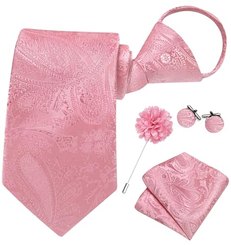 Image of Hi-Tie Zipper Pink Paisley Ties for Men Adjustable Pre-Tied Necktie Lapel Pin Pocket Square Cufflinks Set