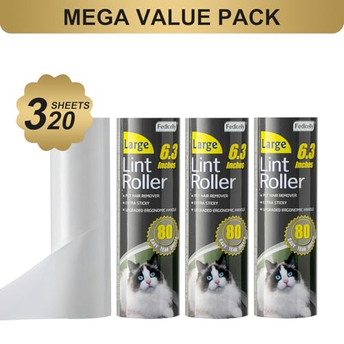 Image of Fedicelly Large Lint Rollers Pet Hair Extra Sticky Refills,Mega Value Set 6.3 inches Wider with 320 Sheets for Cat and Dog Hair Removal,80 Sheets Per Roller