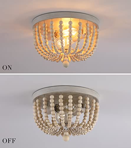 Q&S Boho Chandelier Wood Beaded Flush Mount Ceiling Light Fixtures For Nursery Baby Bedroom Kitchen Hallway,Oak White Finish,2-Lights #TOP4