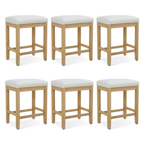 Image of RNKSFX Counter Height White Bar Stools Set of 6 for Kitchen Counter Farmhouse Modern Barstools with Faux Leather Upholstered Backless Seat and Solid Wood Legs 24 inch Bar Chairs, White + Wood Color