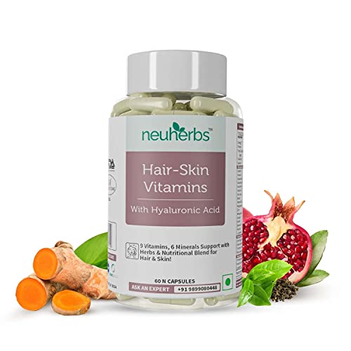 Neuherbs Hair Skin Vitamins Supplement with Hyaluronic Acid, Biotin, Keratin booster for hair growth, Turmeric, Primrose Oil & Collagen Supporter- 60 Capsules for Men and Women Neuherbs Hair Skin Vitamins Supplement with Hyaluronic Acid, Biotin, Keratin booster for hair growth, Turmeric, Primrose Oil & Collagen Supporter- 60 Capsules for Men and Women