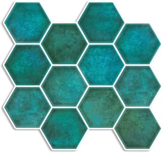 MOSAICOWALL MOSAICS OF NEW AGE WITH DEVCE Peel and Stick Hexagonal Tile, on Tiles Backsplash in Blue, Self Adhesive Wall Hexagon (Pack 10), 28.2cm(11.1'') x 30cm(11.81'') (MOS057)