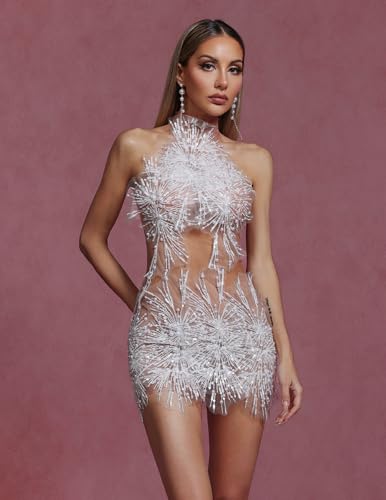 BELLA BARNETT Elegant Silver Mesh Beaded Embellished Halter Neck Bodycon Party Dress3