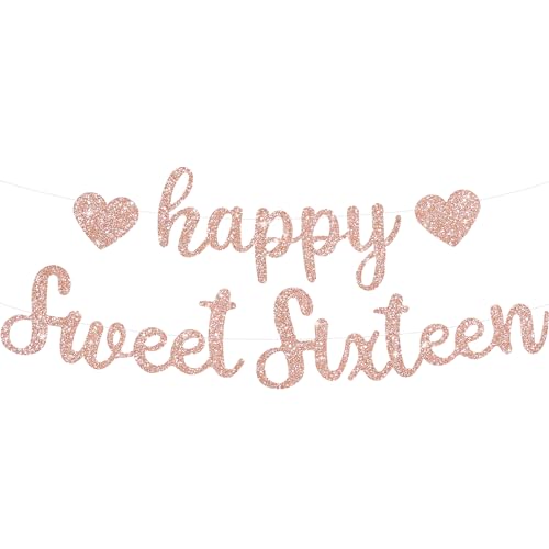 BEISHIDA Rose Gold Glitter Happy Sweet 16 Birthday Banner, Pre-Strung Glitter Happy 16 Birthday Decoration for Girls?Happy 16th Birthday Sign for Women, Girls
