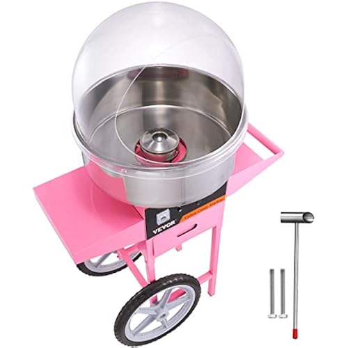 VEVOR Electric Cotton Candy Machine Cart with Cover, Commercial Floss Maker w/Stainless Steel Bowl, Sugar Scoop and Drawer, Perfect for Home, Carnival, Kids Birthday, Family Party, Pink