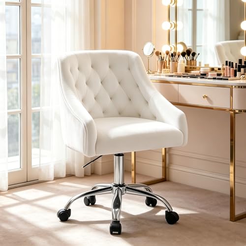 MOJAY Velvet Office Swivel Chair, Vanity Fabric Desk Pretty Fancy Gold Office Chairs for Girls, 360°Swivel Height Adjustable Reception Chair (White)