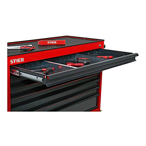 STIER Werkstattwagen XXL, leer, extra breit, 7 Schubladen für mehr Stauraum in der Werkstatt, in Rot, Werkzeugwagen leer, auf Rollen, – Bild 7