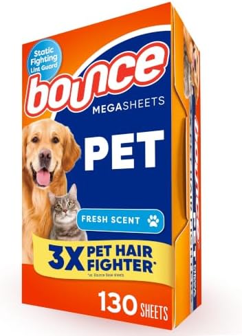 Bounce Pet Hair and Lint Guard Mega Dryer Sheets with 3X Pet Hair Fighters, Fresh Scent, 130 Count