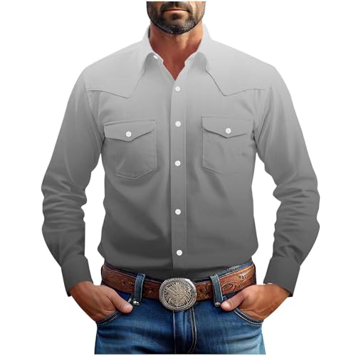 Mens Western Cowboy Shirts Button Down Long Sleeve Work Shirt Fall Casual Vintage Utility Shirts with Flap Pockets