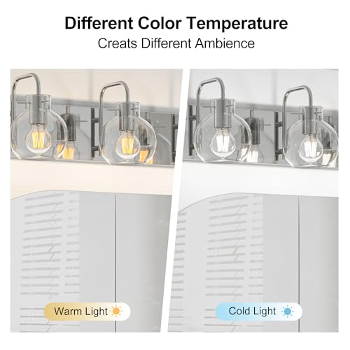 Image of Brushed Nickel Bathroom Light Fixtures, 4-Light Modern Vanity Light Over Mirror, Wall Sconces with Frosted Glass Shades, E26 Socket (Bulbs Not Included)