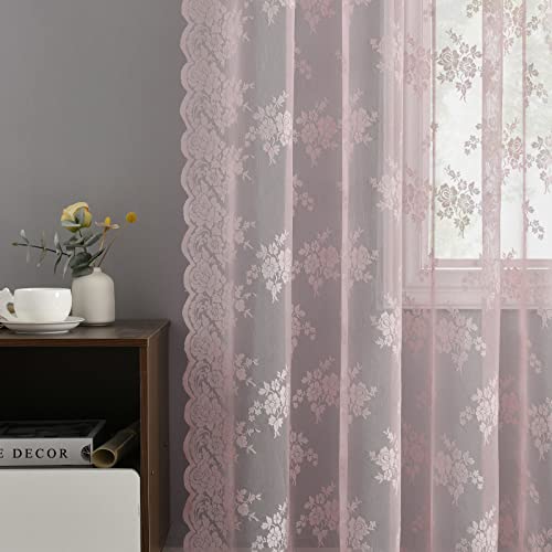 Kotile Pink Lace Curtains 108 Inch Length for Living Room, Vintage Floral Sheer Lace Curtains 2 Panels Set for Girls Room, Rod Pocket Privacy Window Lace Curtain Panel, 52 x 108 Inch, Pink