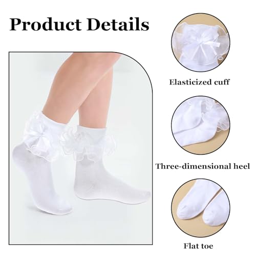 3 Pairs Big ruffle socks for women,Double Lace Ruffle Socks with Bows,women’s ankle sock,Size 9-11, White Black Red3