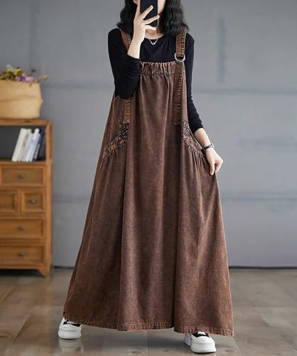 Image of Women's Casual Loose Denim Dress Sleeveless Adjustable Straps Denim Jumper Dress with Pockets