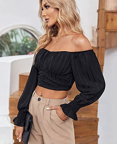 MIRACMODA Womens Elegant Off The Shoulder Puff Sleeve Blouse Summer Chiffon Slim Fit Party Crop Top