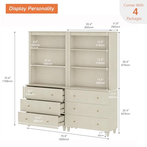 Image of WAMPAT Tall Bookcases with 6 Drawers, 2 Column 3-Tier Beige Wood Bookshelf with Adjustable Open Shelf, 71 inch Wide Modern Display Bookshelves for Home Office, Living Room, Bedroom