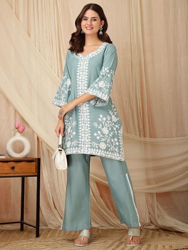 Image of EthnicJunction Women's Cotton Blend Chikankari Embroidered A-Line Kurta Palazzo Set Ethnic Wear Office Wear Daily Wear Festive Kurta Set for Women