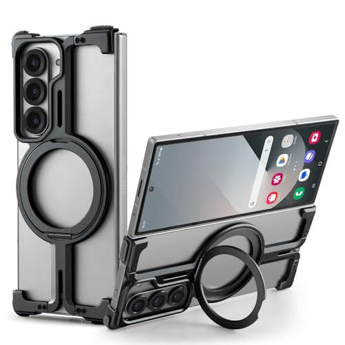 Coque Samsung Z Fold 6 métal minimaliste sans cadre rigide noire avec béquille 360