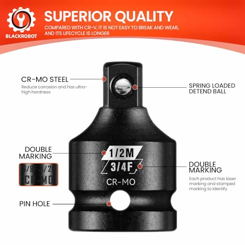 Image of BLACKROBOT 3 /4 inchF To 1 /2 inchM Impact Socket Adapter, Cr-Mo Steel Exceeds ANSI Standards, Square Drive Reducer for Impact Driver Wrench