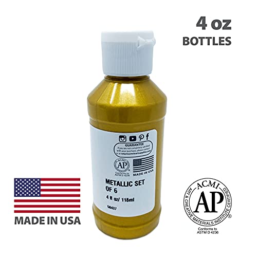Image of milo Metallic Acrylic Paint Set, 6 Metallic Colors, 4 oz Bottles | Safe and AP Non-Toxic, Made in the USA, Arts & Crafts Paints for Artists, Student & Hobby Painters, Paint Pack, Multi-Media
