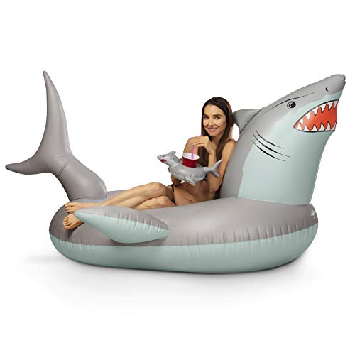 Image of GoFloats Giant Inflatable Shark Pool Float | Raft Includes Bonus Shark Drink Float | Swimming Fun for Kids and Adults, Gray
