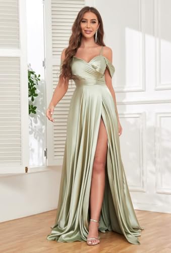 Image of JKMMYO Satin Bridesmaid Dresses for Women Off The Shoulder Pleated Long Formal Evening Dress