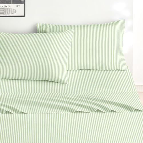 Image of Wake In Cloud - Striped Bed Sheets, 4-Piece Sheet Set, Ticking Vertical Pin Stripe Modern Farmhouse Pattern Printed Bedding, Deep Pocket, Sage Green White, Twin Size