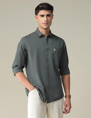 Image of U.S. POLO ASSN. Solid Slim Fit Shirts for Men - 100% Cotton, Full Sleeve Mens Casual Shirts