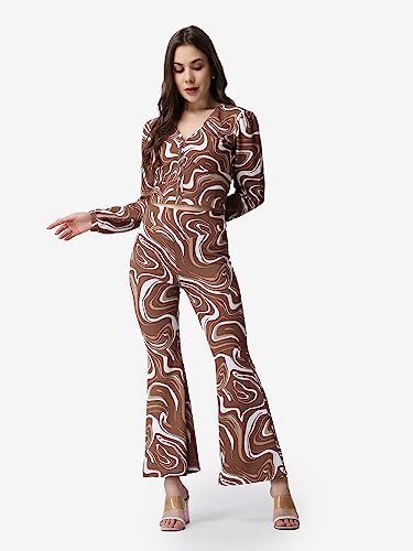 Image of POPWINGS Casual Brown Marble Printed Crop Top and Trouser Set for Women | Co-Ords Set for Women Stylish Western | Full Sleeves V-Neck Crop Top and Bootcut Trouser Set | 2 Piece Set for Women