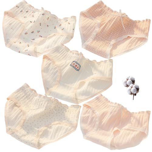 Cute Pink Fruit Panties Kawaii Strawberry Cherry Cotton Underwear Girls Age 14+ Frilly Trim Mid Rise Briefs 5-Pack