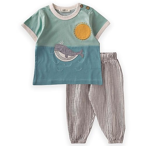 CIGIT - Green 100% Cotton Whale Embroidered T-shirt and Pants Set for Kids 1-5 Years - Flexible and Comfortable