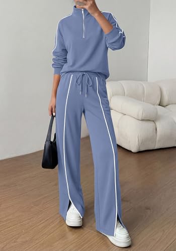 BTFBM Two Piece Sets for Women Fall Fashion 2026 Long Sleeve Half Zip Lounge Set Wide Leg Pants Vacation Airport Outfits (Grey Blue,Small) — view 2