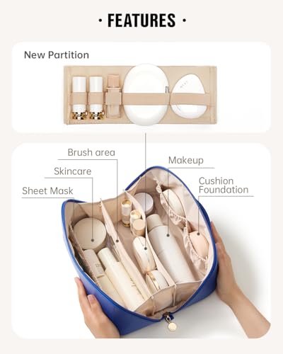 Image of EACHY Travel Makeup Bag, Large Capacity Cosmetic Bag for Women, Waterproof PU Leather, Flat Open Portable Toiletry Bag for Skincare, Brushes & Travel Essentials