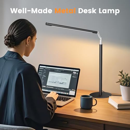 Image of Metal LED Desk Lamp for Home Office - Foldable Industrial Desk Light with Base, 16 inch Dimmable Table Lamp for Reading, 4 Color Temps, 15W Modern Desktop Lamp for College Dorm Study Task Work