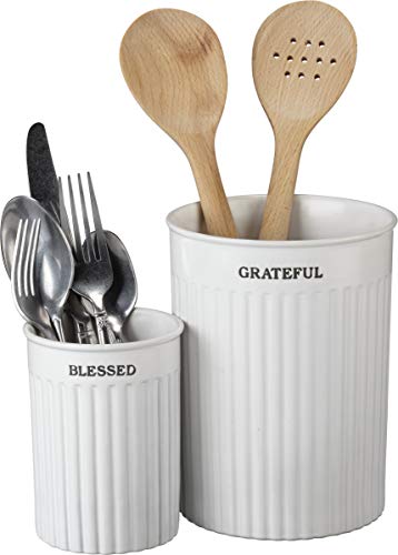 Primitives by Kathy Grateful Stoneware Utensil Holder Set, White